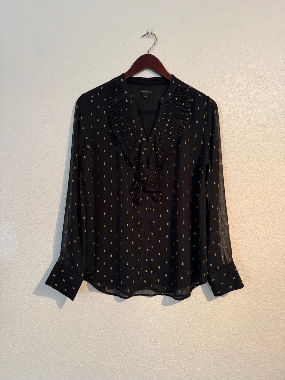 Ann Taylor Black Gold Metallic Clip Dot Ruffle Blouse Sheer Long Sleeve Small - Picture 2 of 6